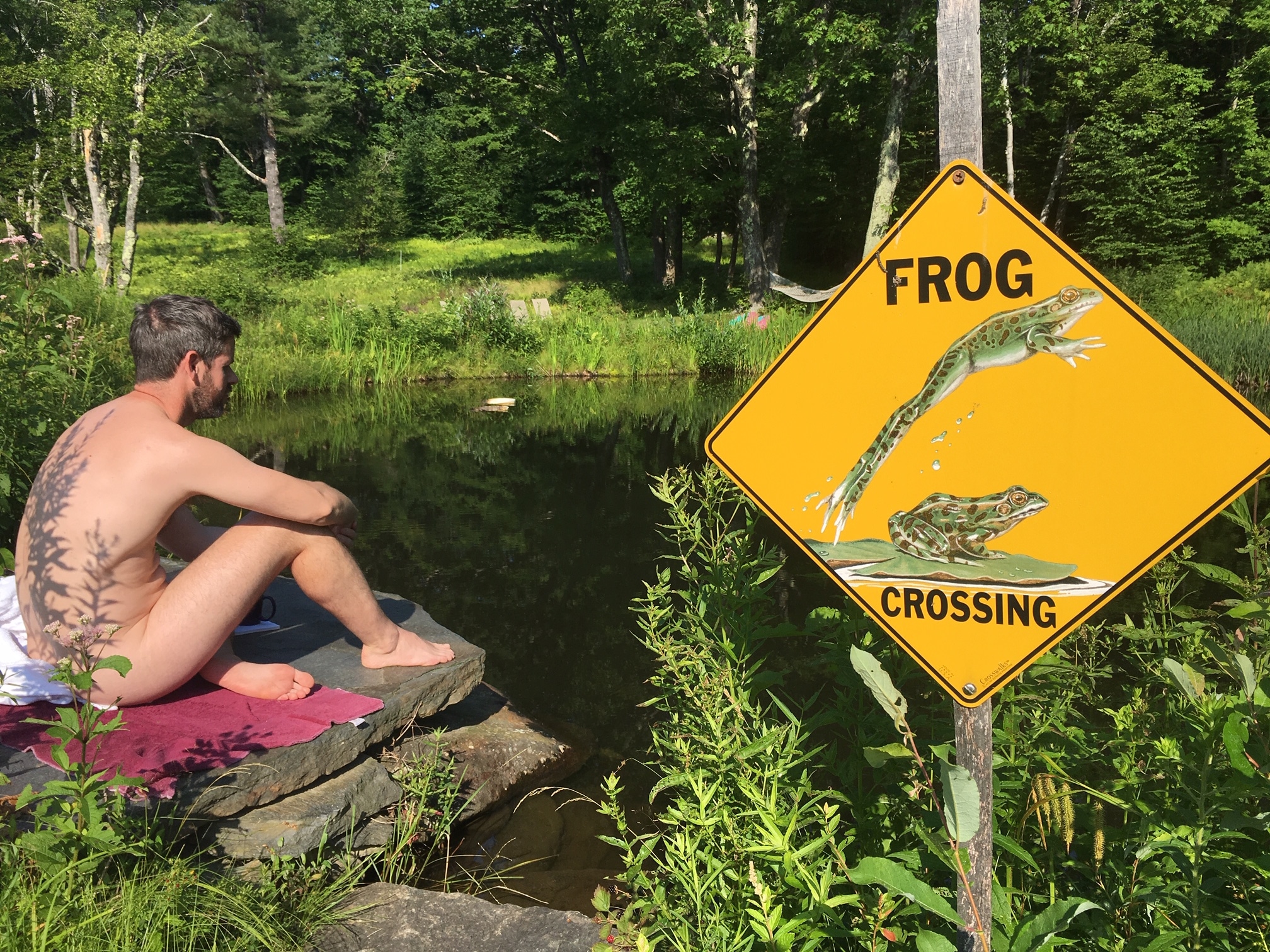 Nude man sitting by swimming pond next to frog crossing sign.